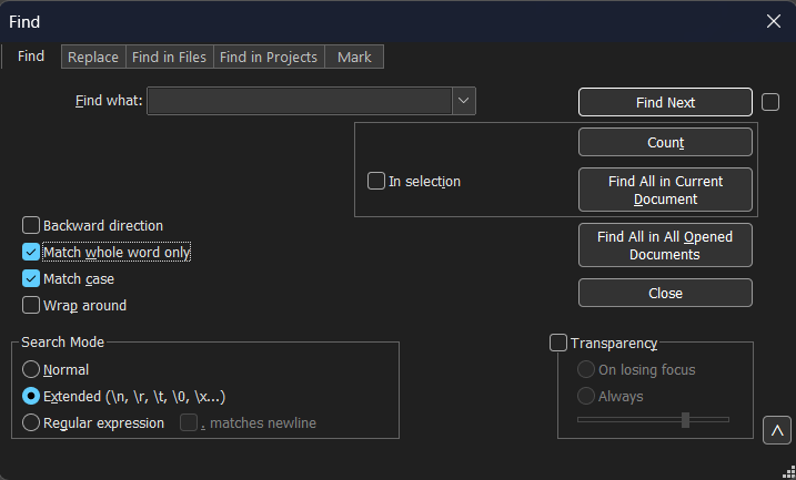 Find window of Notepad++